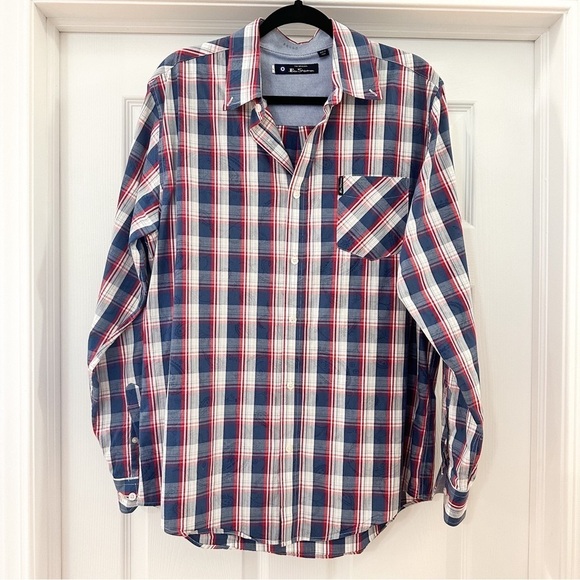 Ben Sherman Red White Blue Plaid Paisley Long Sleeve Button Down Shirt sz Large - Picture 1 of 5
